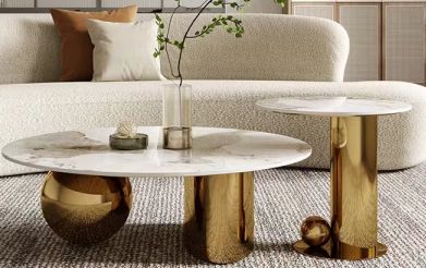 Coffee table and side table, marble-look tops on gold bases, 90 and 50 cm