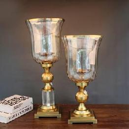 Smoked glass hurricanes on gold stands, two sizes
