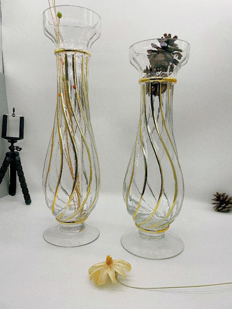 Tall glass vases with gold lines