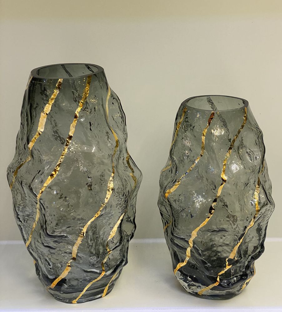 Smoky textured glass vases with gold, two sizes