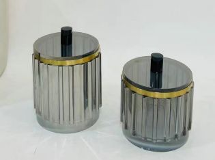 Smoky ribbed jars with a gold band