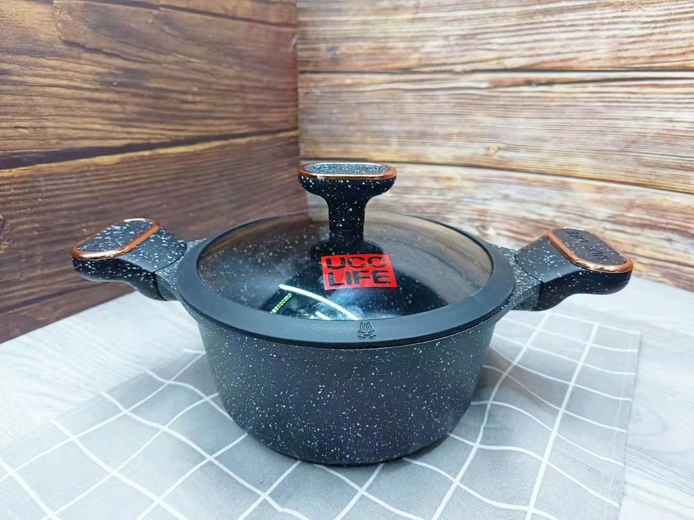 Speckled cooking pot with a glass lid, 20 cm