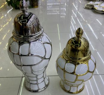 White ceramic jar with a silver pattern, 41 cm