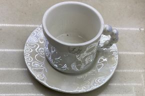 White embossed coffee cups, set of 6