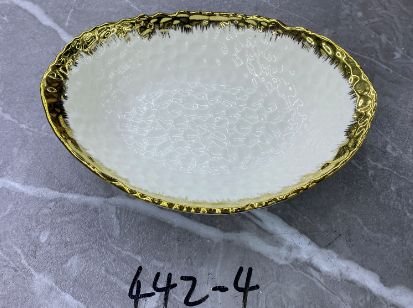 White and gold textured bowl, 9.5 inch