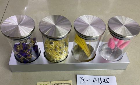 Glass canisters on a stand, set of 4