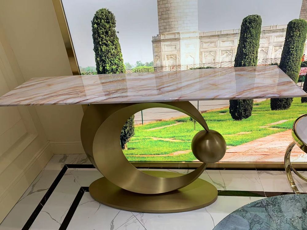 Console with a marble-look top on a gold ring base, 140 × 40 cm