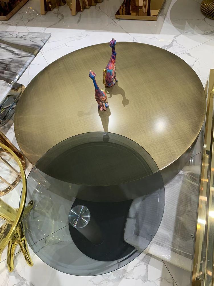 Round glass and gold nesting tables, 100 cm